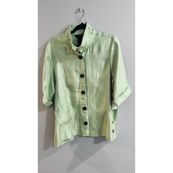 Ali Miles Women's Chartreuse 3/4 Sleeve Artsy Button Up Jacket Top Petite XL NEW - Picture 2 of 13